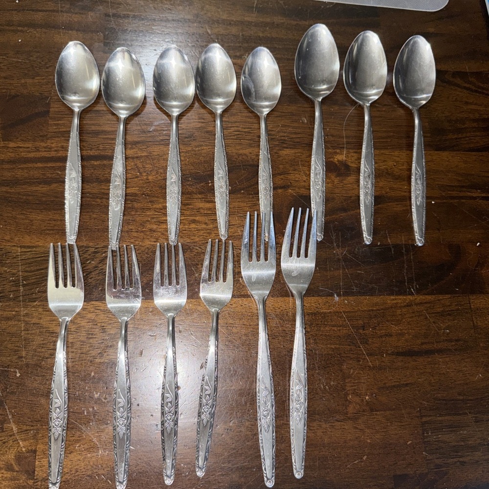 14 T&N‎ Stylecraft Single Rose SYF2 Stainless Japan Spoons & Forks Mixed Set